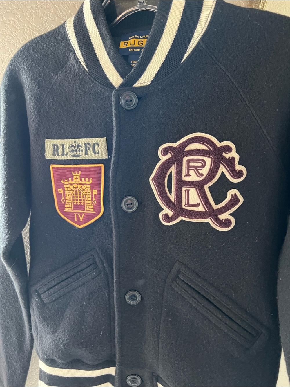 Vintage RARE Ralph Lauren Rugby Wool Varsity Jacket Crest Patches Wool Blend - Picture 2 of 9